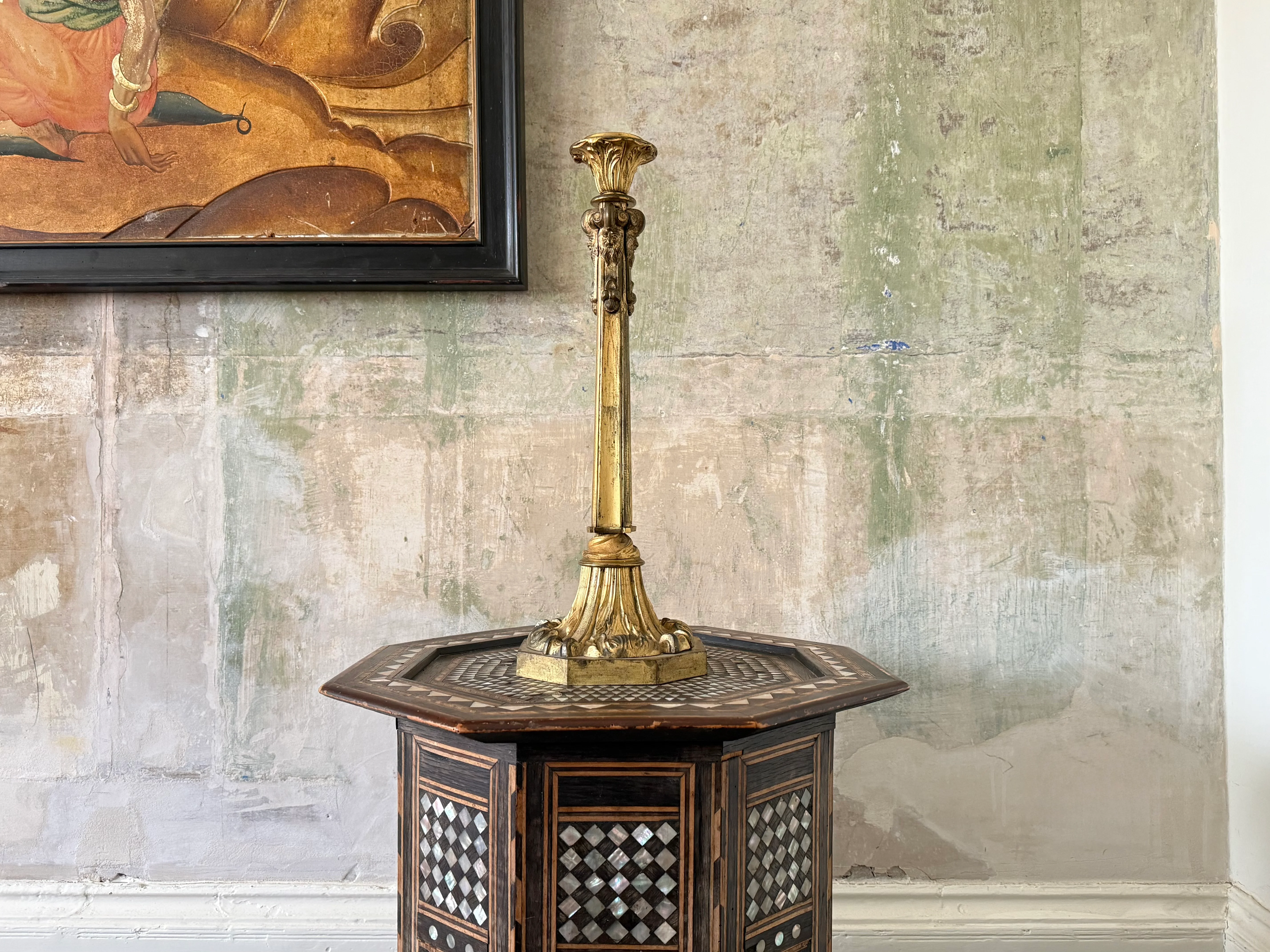 19th Century Gilt Brass Column Lamp