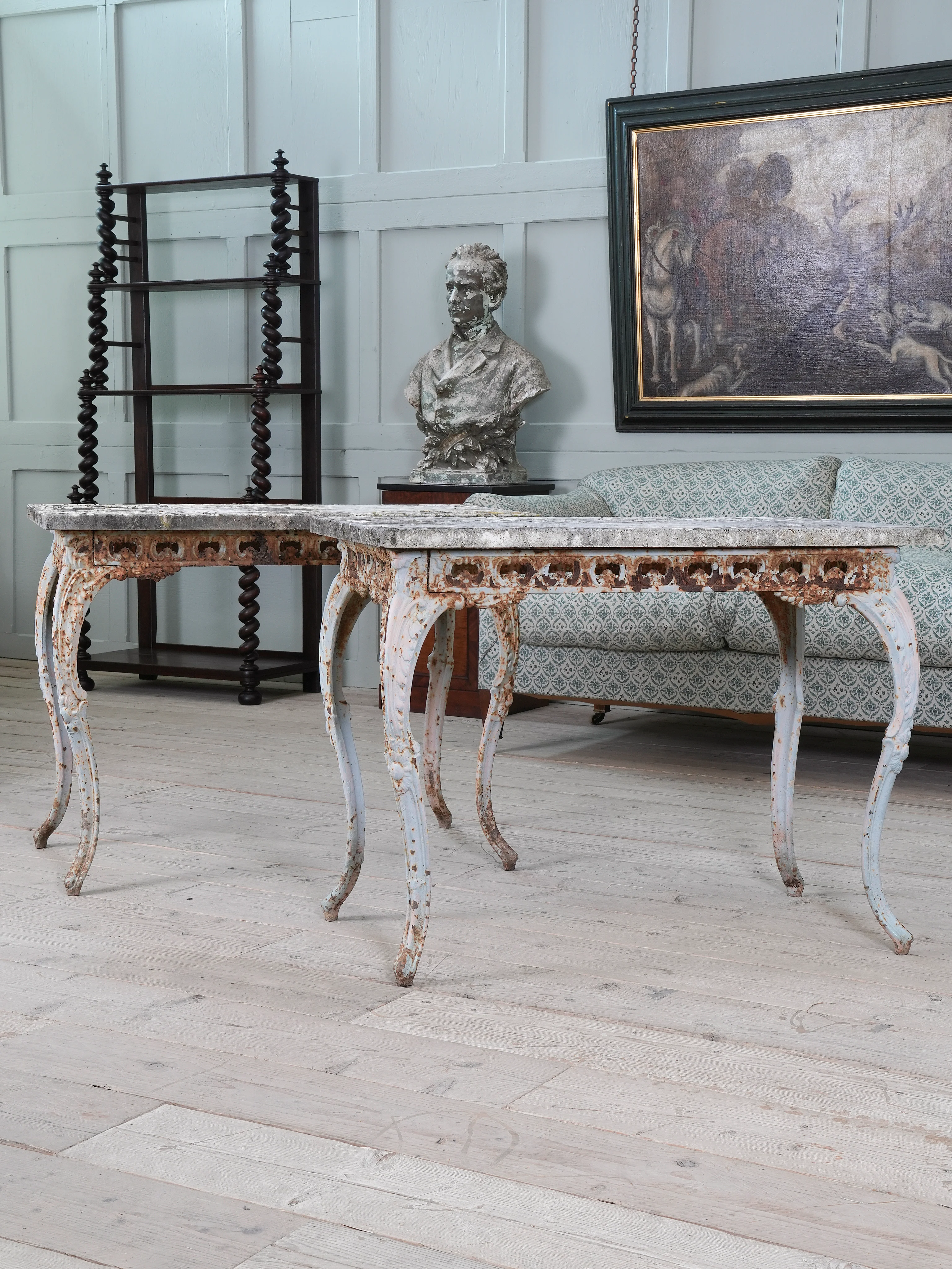 A Pair of Travertine Marble & Cast Iron Orangery Tables