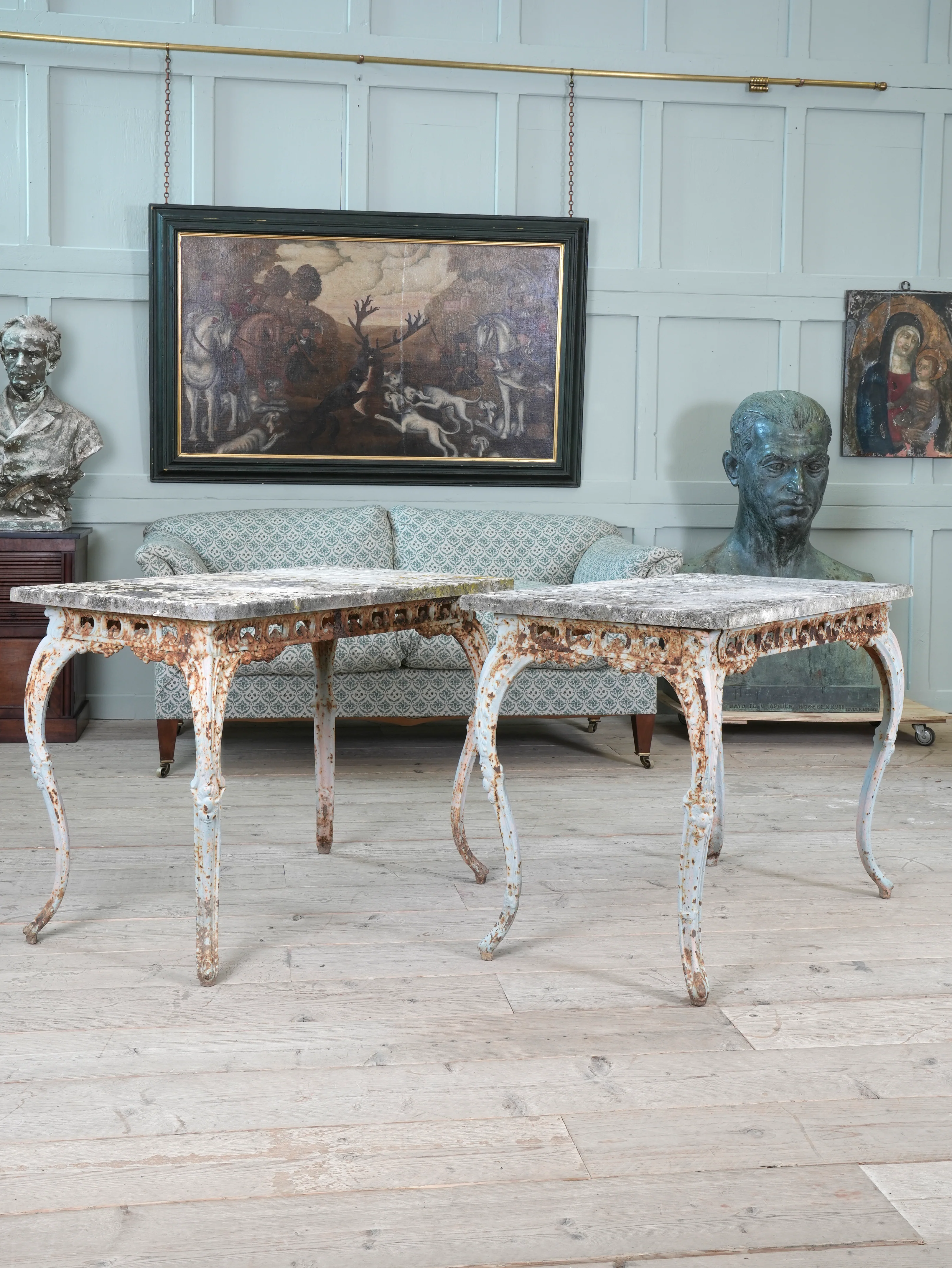 A Pair of Travertine Marble & Cast Iron Orangery Tables - Image 2