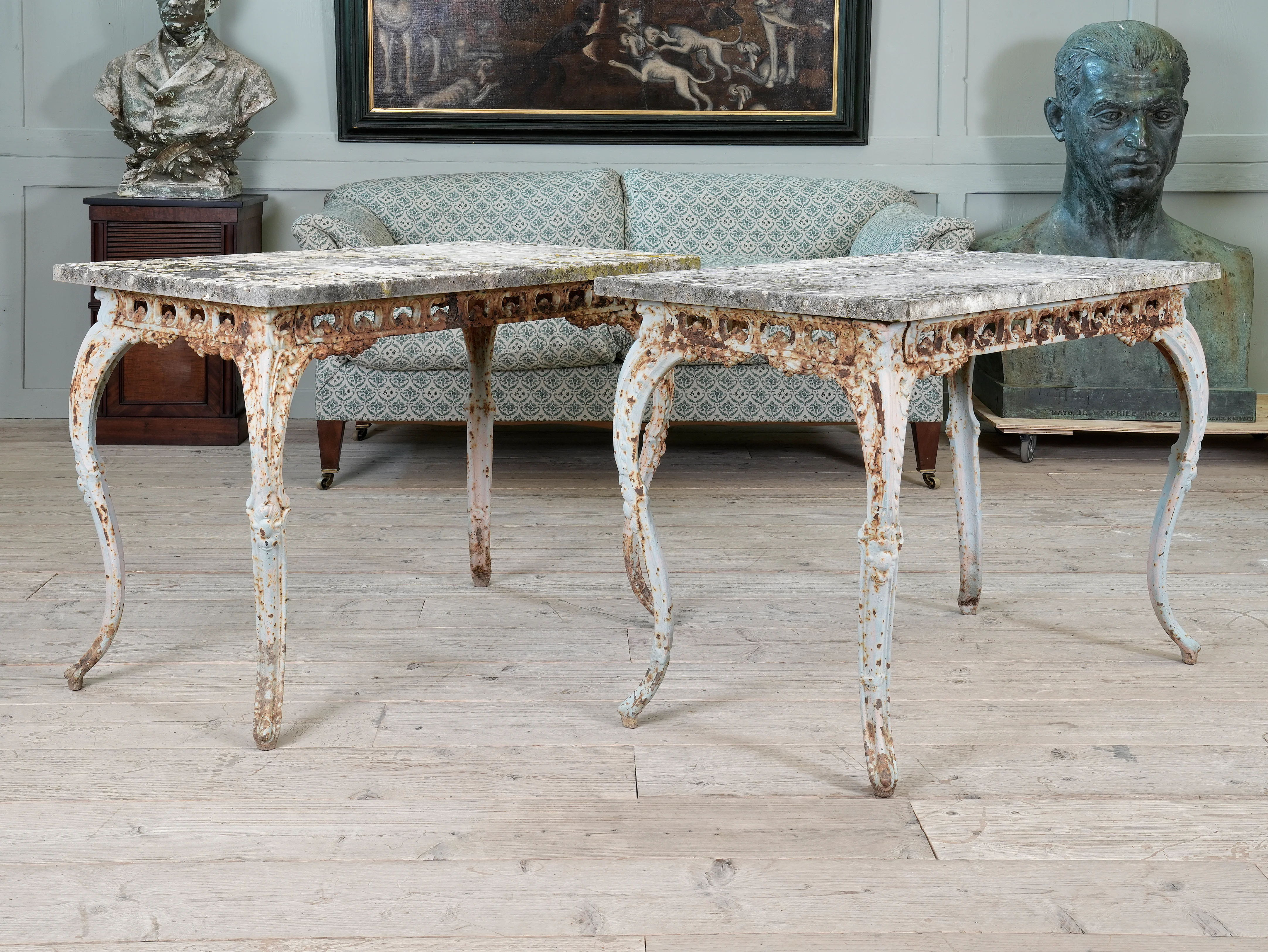 A Pair of Travertine Marble & Cast Iron Orangery Tables - Image 4