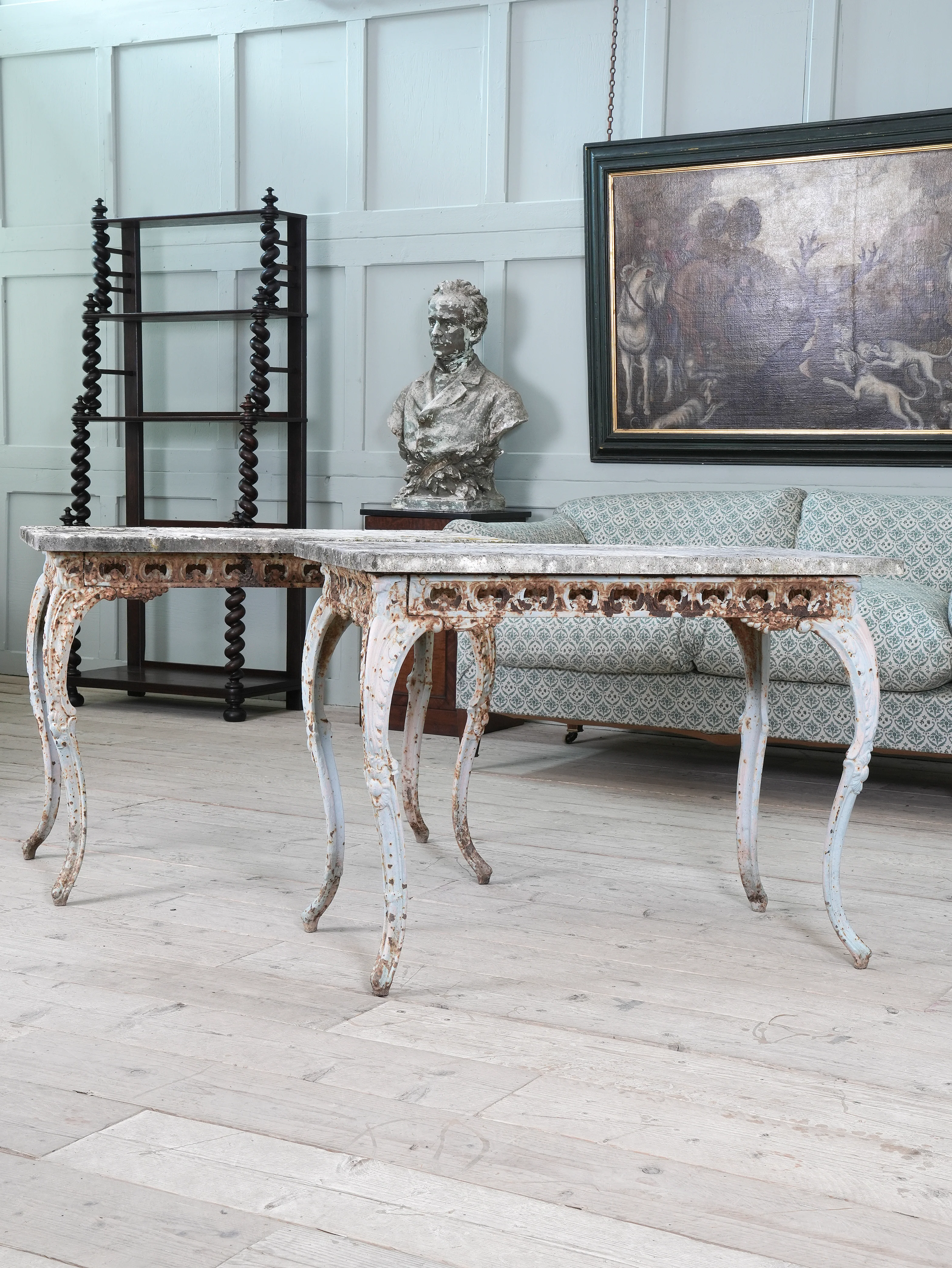 A Pair of Travertine Marble & Cast Iron Orangery Tables - Image 7