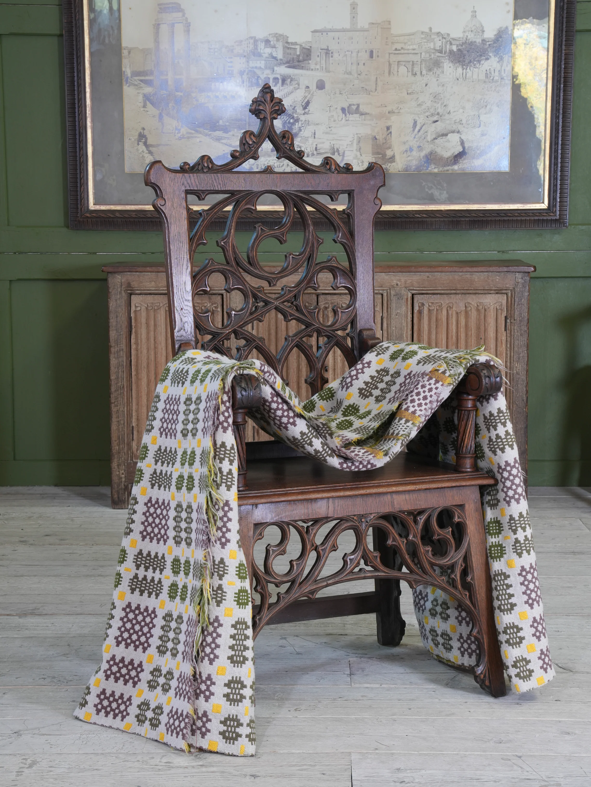 A Cream & Moss Green Welsh Tapestry Blanket - Image 3