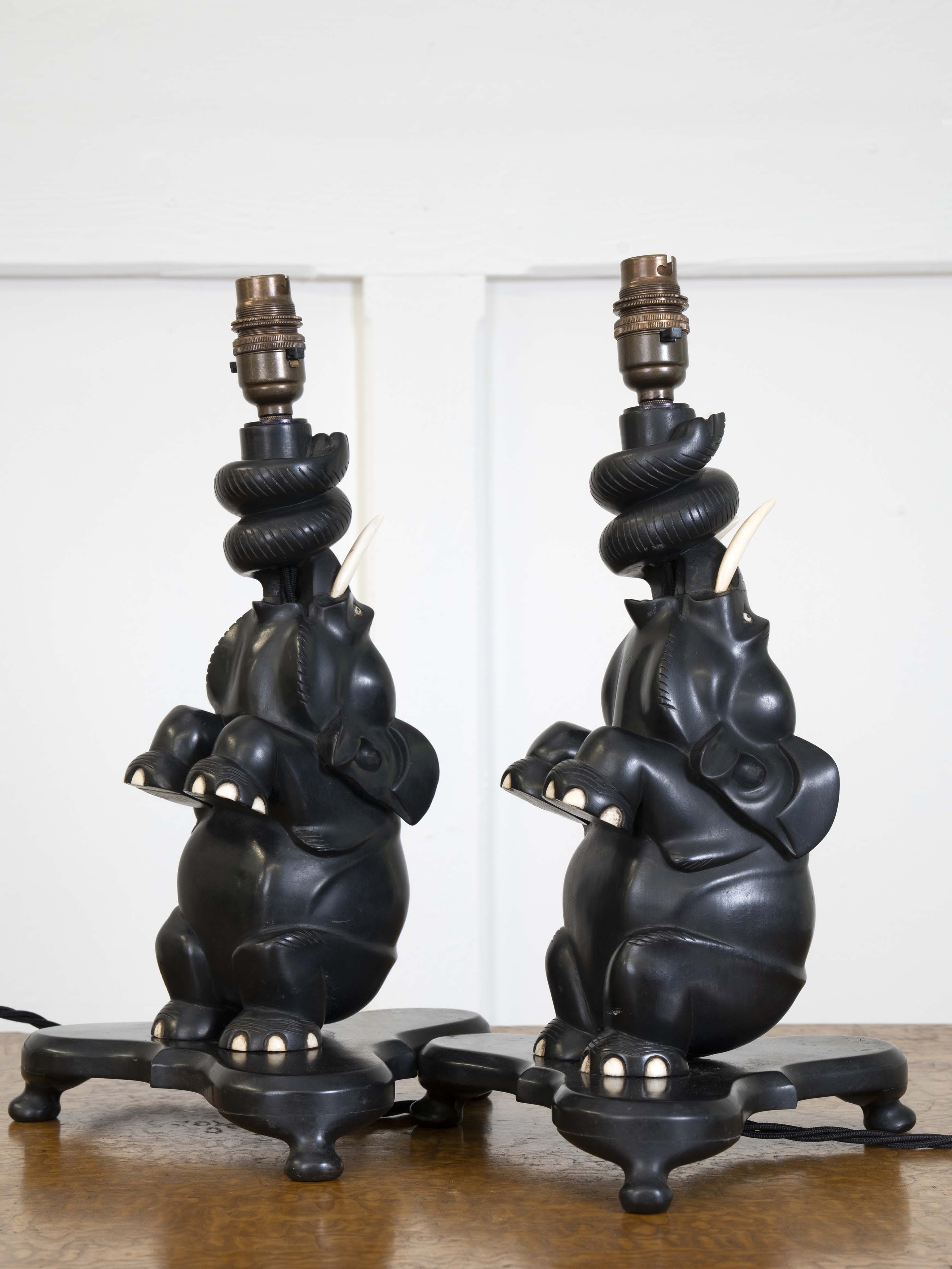 A Pair of Ebony Ceylonese Elephant Table Lights
