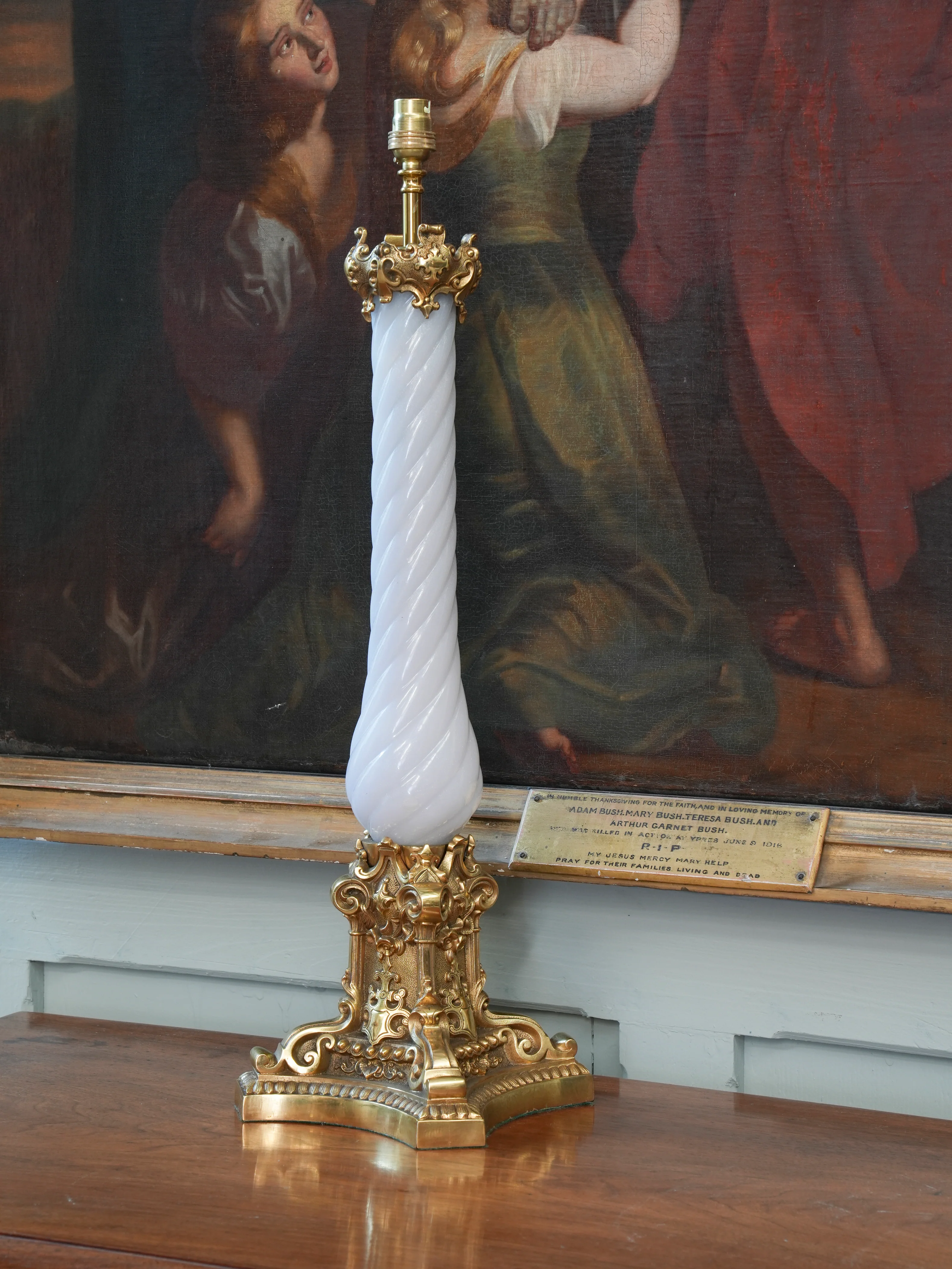 A Large Polished Brass & Opaline Glass Table Lamp - Image 3