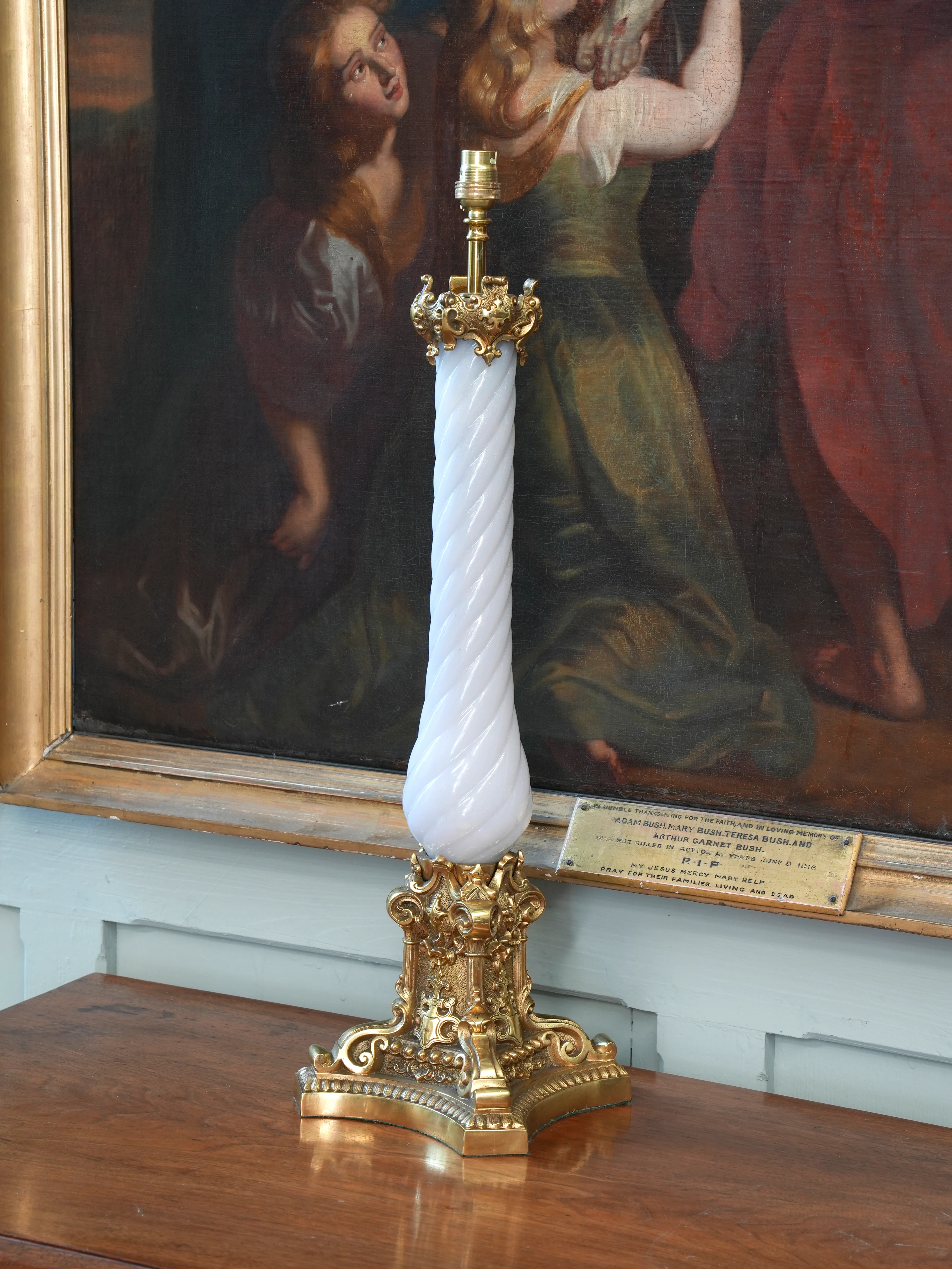 A Large Polished Brass & Opaline Glass Table Lamp - Image 5