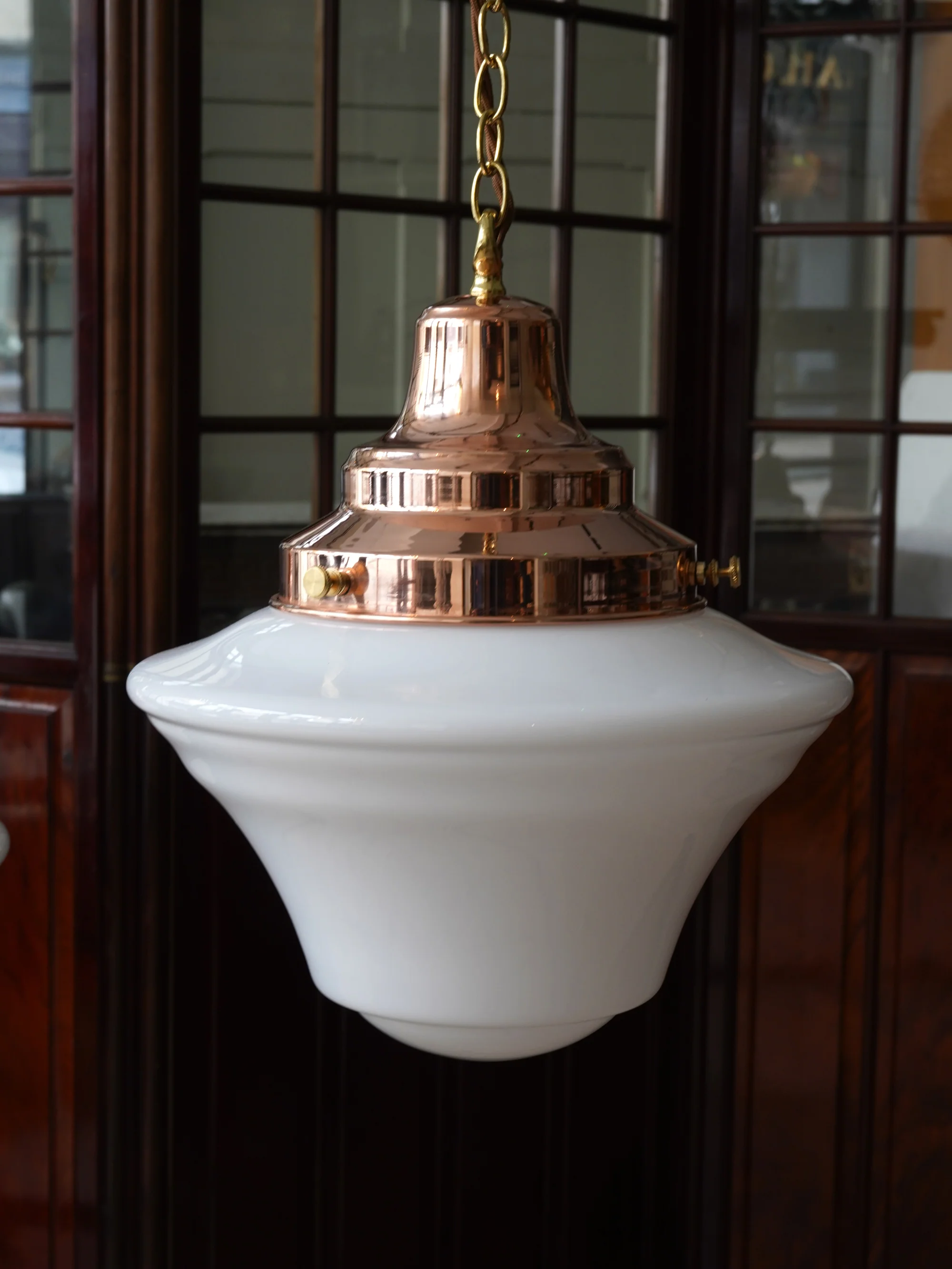 The Draughtsman Opaline Glass Pendant Light in Polished Copper - Image 5