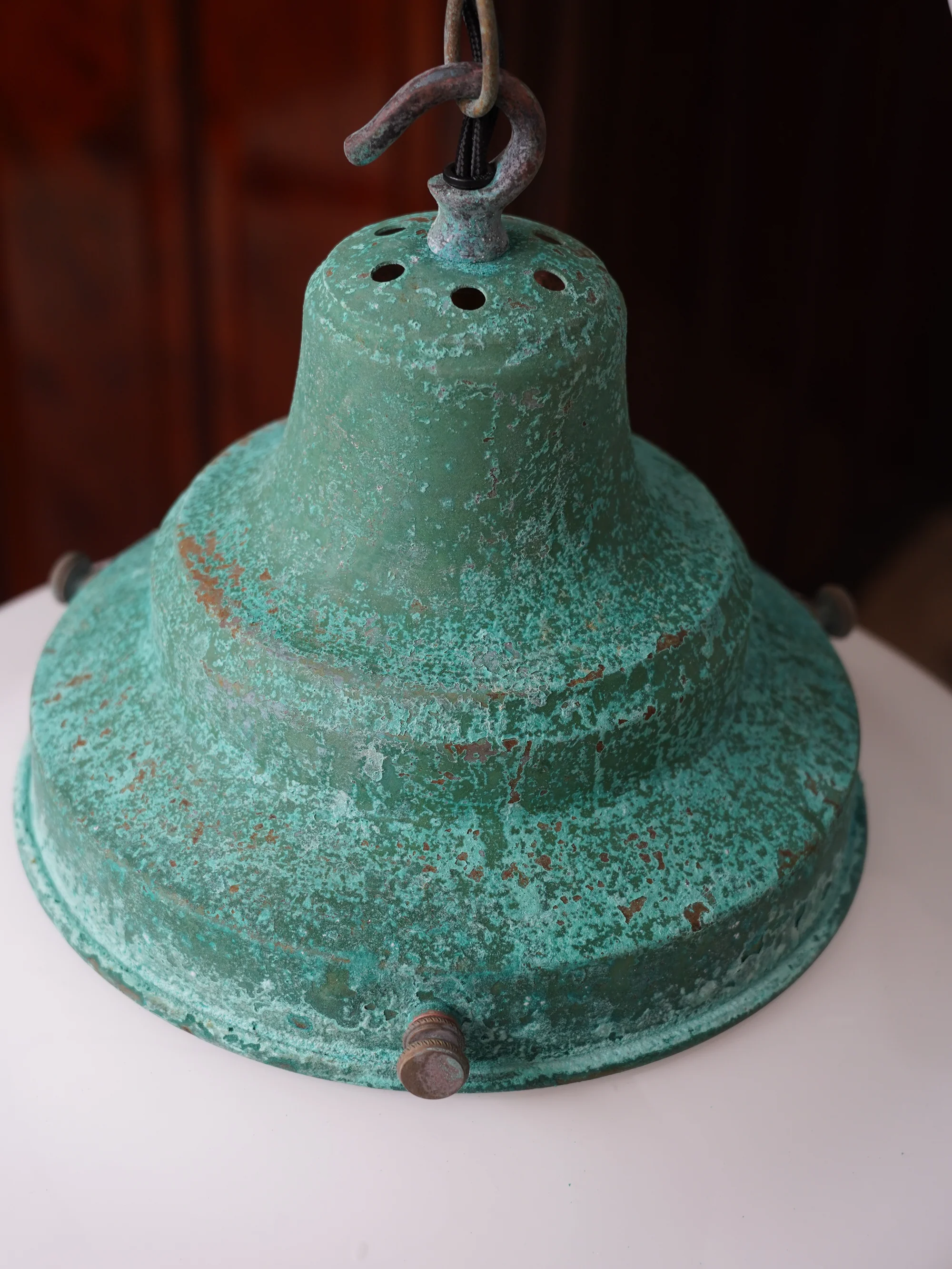The Draughtsman Opaline Glass Pendant Light in Verdigris - Image 7
