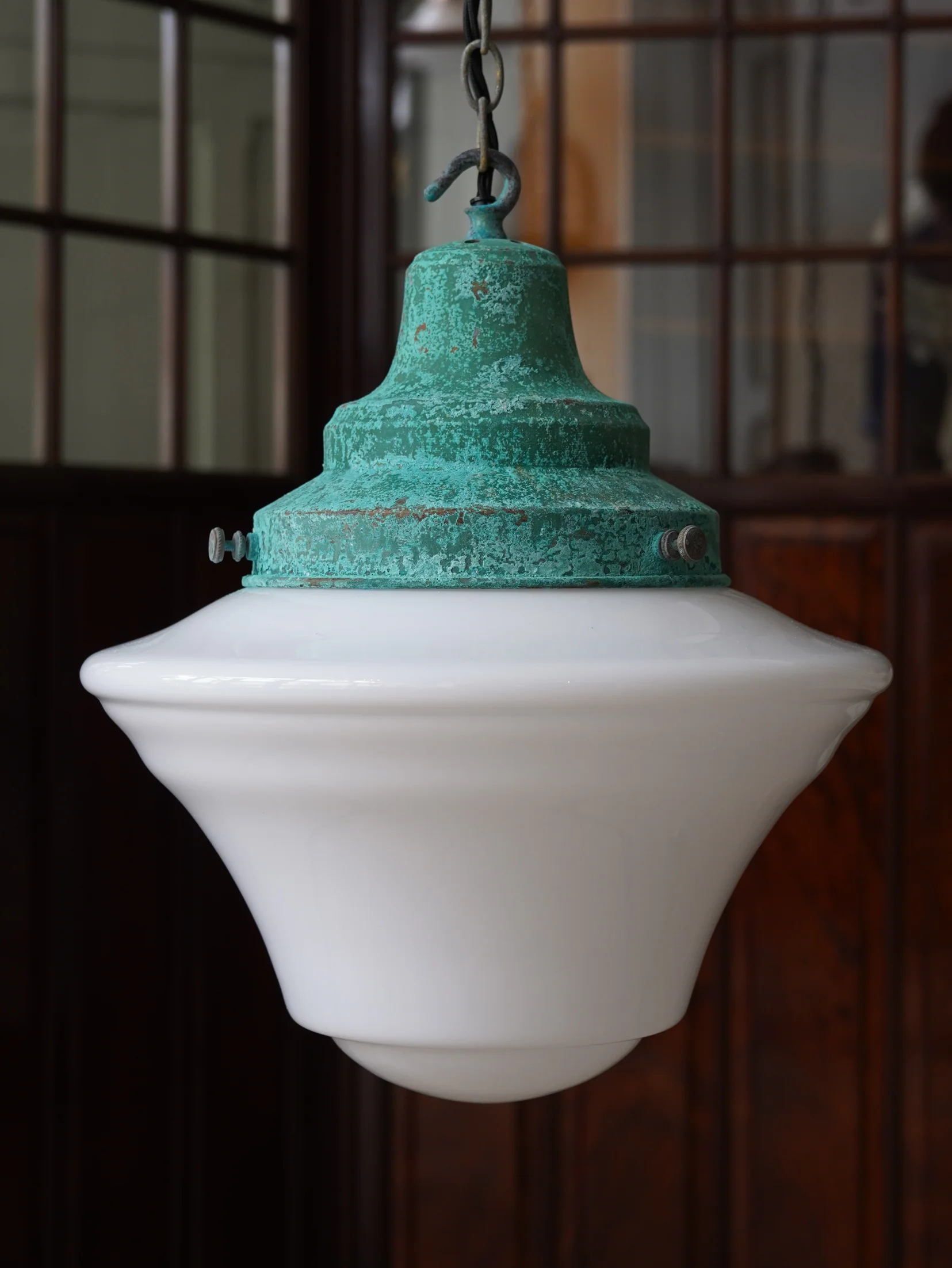 The Draughtsman Opaline Glass Pendant Light in Verdigris - Image 9