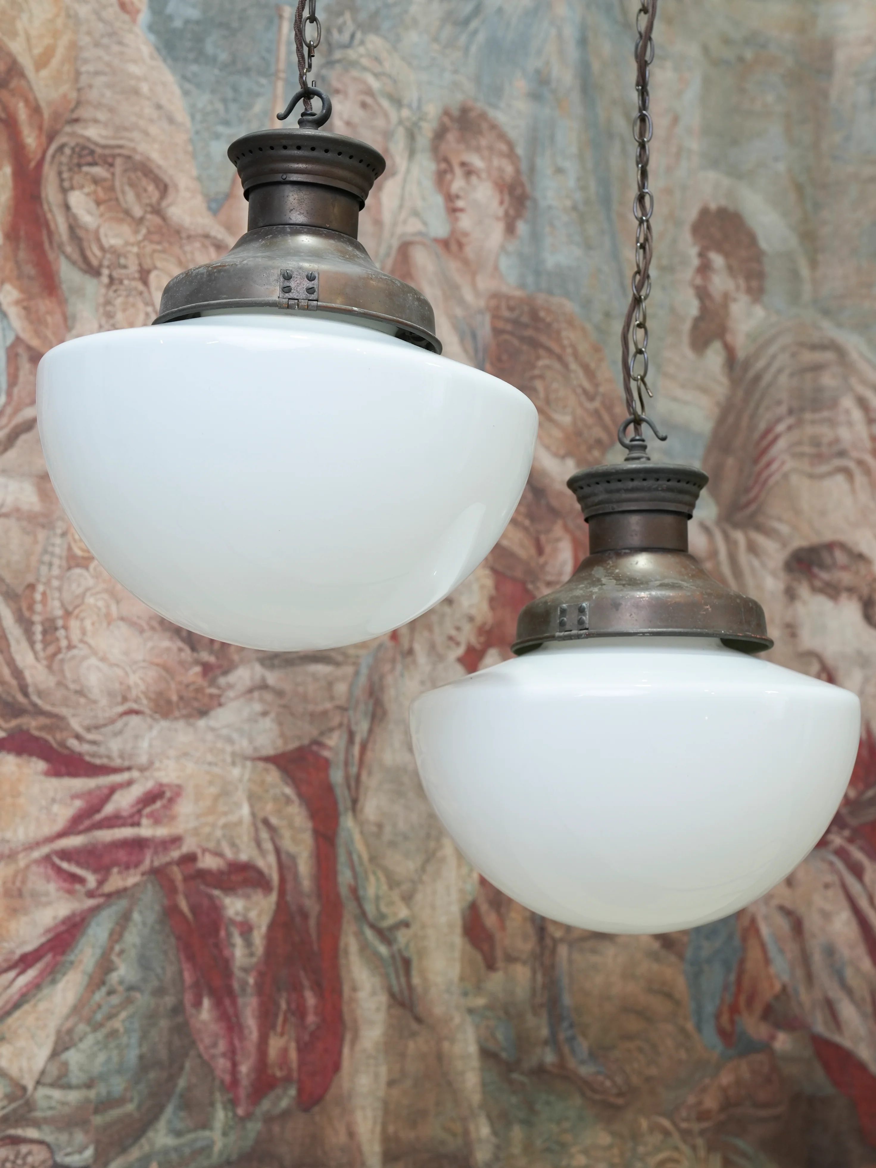 A Pair of Half Round Opaline Pendant Lights - Image 4