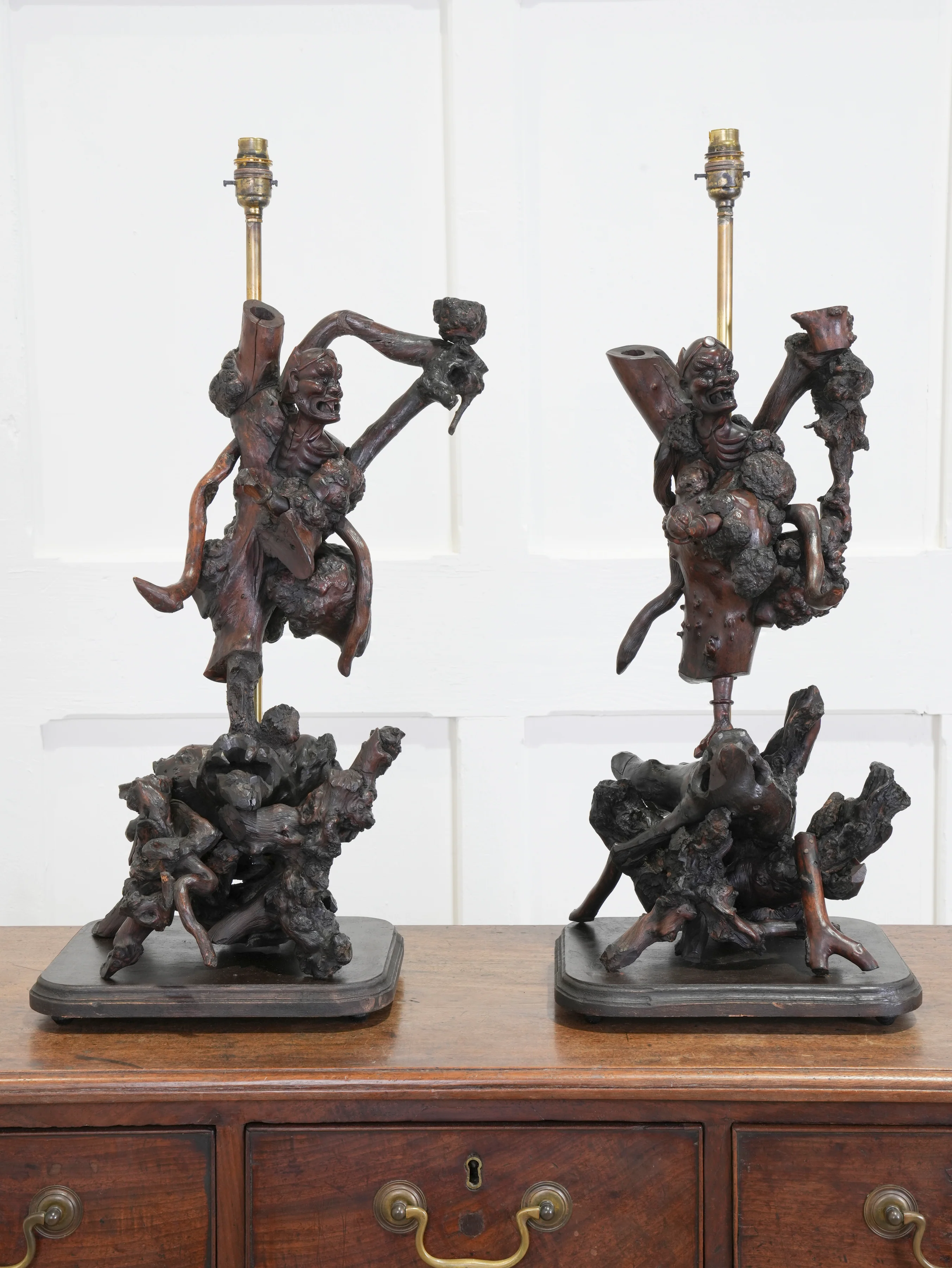 A Pair of Carved Chinese Vine Root Table Lamps